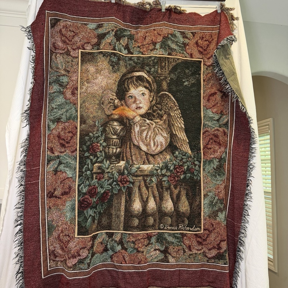 Vintage 56"x46" Donna Richardson Woven Tapestry Throw Blanket Angel Cottage Core